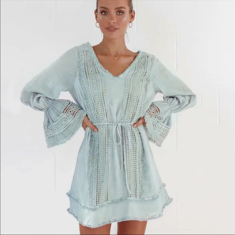 Crochet Fringe Bell Sleeve Boho Gypsy Dress Mint - Picture 3 of 12
